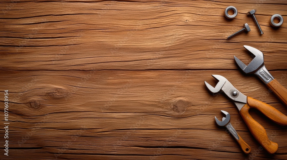 Close-up shot of a textured, worn wooden surface with a few scattered handyman tools like pliers, screws, and a wrench. Close-up shot of a textured, worn wooden surface with a few scattered handyman tools like pliers, screws, and a wrench.