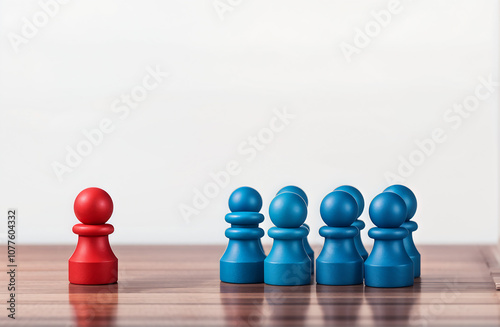 Mehrere Spielfiguren und eine Spielfugur in einer anderen Farbe die abseits steht