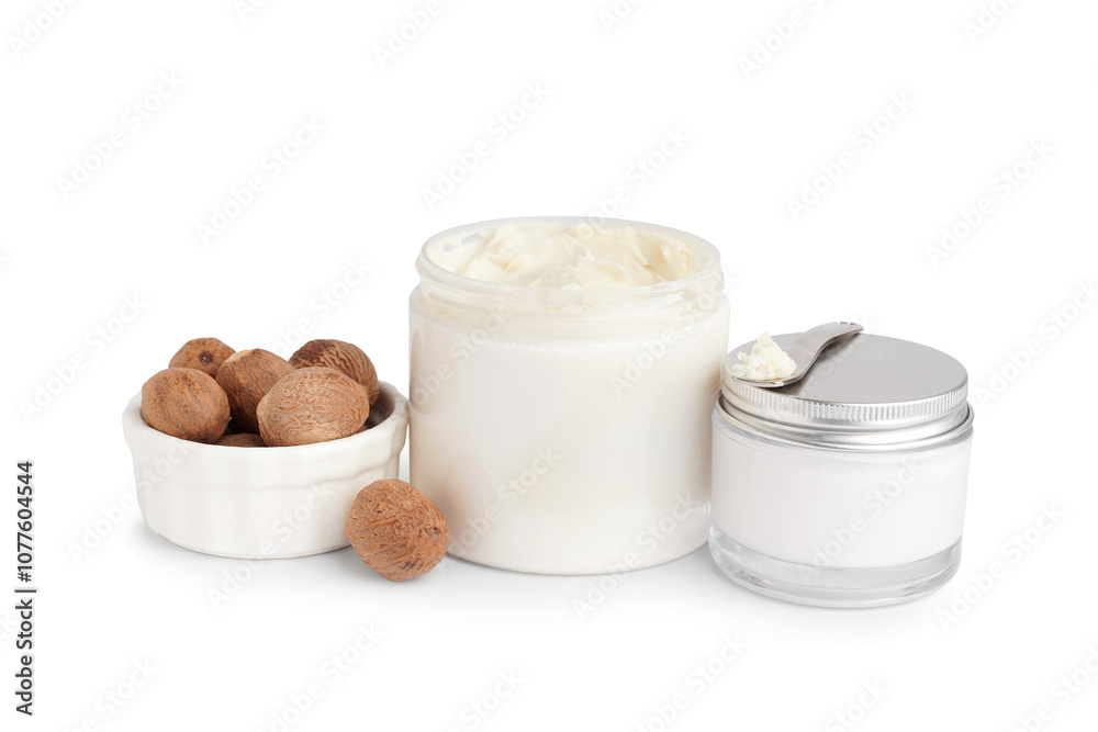 Jars with shea butter and cosmetic cream on white background Jars with shea butter and cosmetic cream on white background