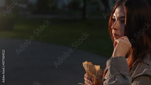 Caucasian woman is enjoying delicious french fries chips relaxing in the summer evening park. Closeup view of pretty lady with long dark hair chewing fast food sitting in the park. Nourishment theme