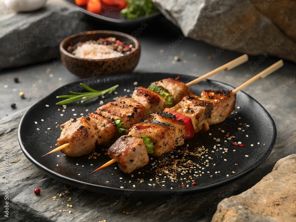 Grilled pork and bell pepper skewers, seasoned with herbs and spices. Grilled pork and bell pepper skewers, seasoned with herbs and spices.