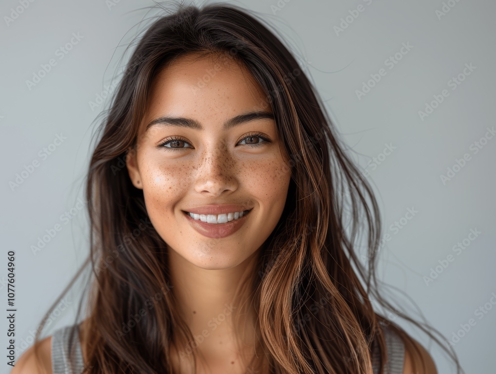closeup portrait of a smiling young Asian woman with long hair on white background for dental ad