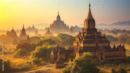 Golden Pagodas Amidst the Morning Mist