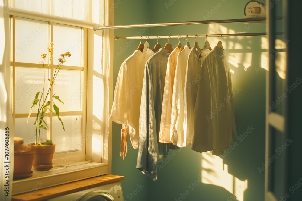 close up Freshly laundered clothes hanging on a drying rack in natural light close up Freshly laundered clothes hanging on a drying rack in natural light