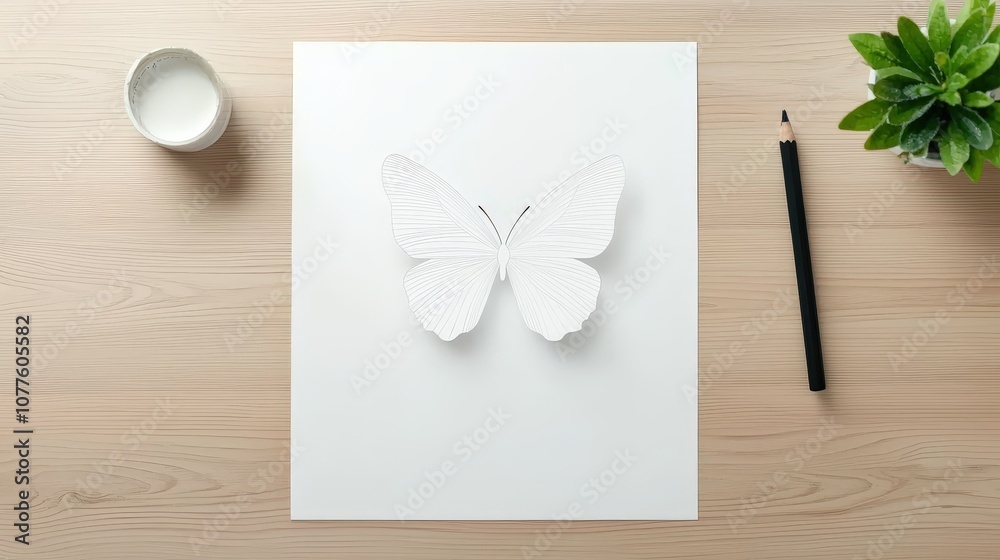 Simple black butterfly outline on white paper, focusing on the shape and symmetry of the wings. Simple black butterfly outline on white paper, focusing on the shape and symmetry of the wings.