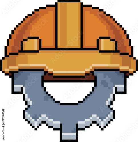 Pixel art of hard hat with gear in 8 bit style on white background, safety helmet