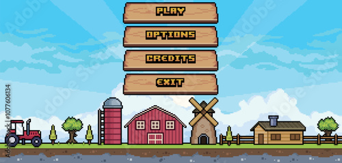 Farm game home menu with wooden buttons in pixel art and 8-bit style