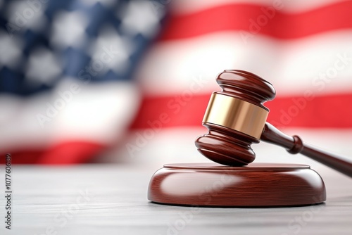 A wooden gavel sits on a wooden podium in front of an American flag