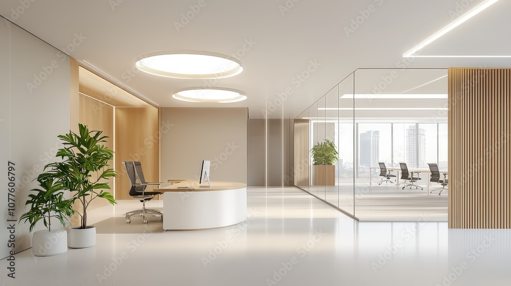 Fototapeta premium A spacious office interior with modern lighting, glass walls, and neutral tones for a clean and efficient workspace.