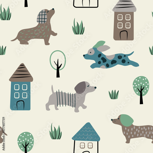 Cute dogs in the city seamless pattern. Cartoon Vector background. 