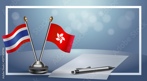 Thailand and Hong Kong National flags on small table with bokeh background, cooperative relationship