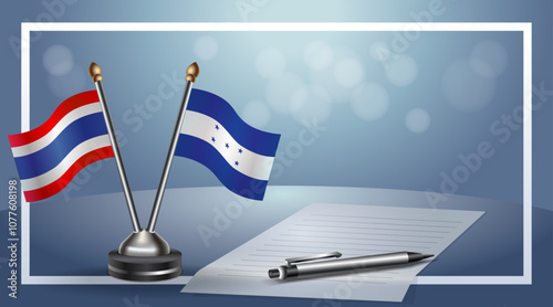 Thailand and Honduras National flags on small table with bokeh background, cooperative relationship