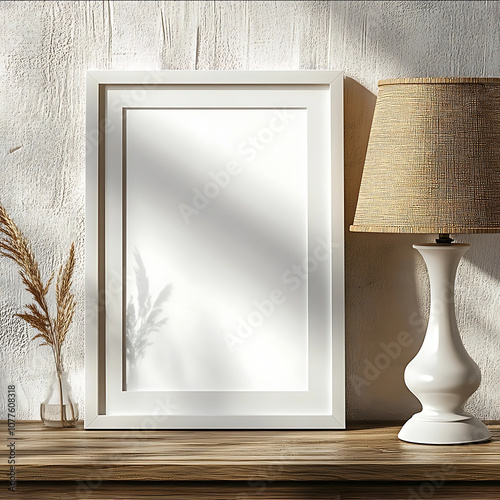 a simple clean white frame on a wooden tabletop the frame is vertical portrait oriented light setting nothing around the frame photo