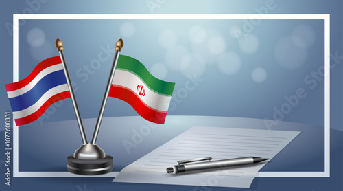 Thailand and Iran National flags on small table with bokeh background, cooperative relationship