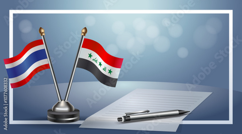 Thailand and Iraq National flags on small table with bokeh background, cooperative relationship