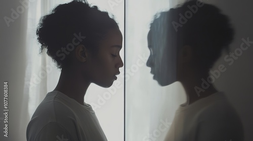 A person standing in front of a mirror, gazing thoughtfully at their reflection with a strong, introspective expression. The simple, minimalist surroundings in neutral tones with soft lighting 