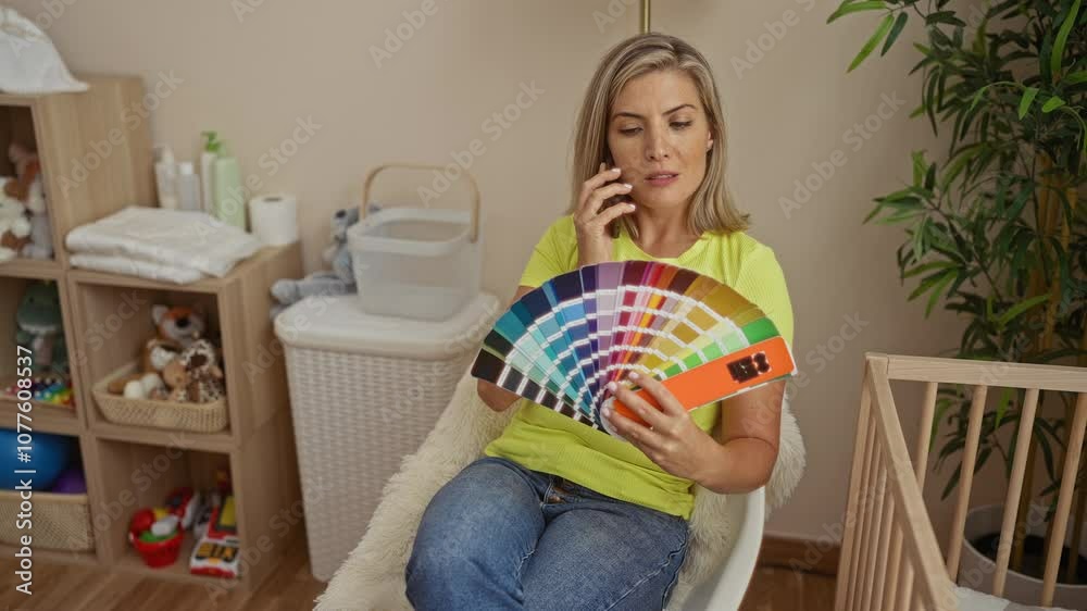Woman choosing paint colors in baby room while talking on phone with color palette in hand Woman choosing paint colors in baby room while talking on phone with color palette in hand