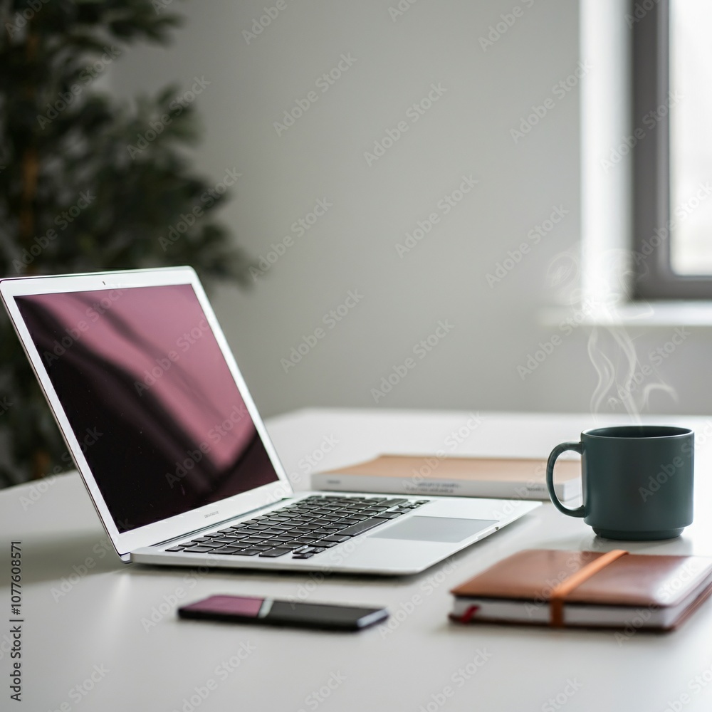 Modern workspace with a laptop, coffee, and notebook on a clean desk Modern workspace with a laptop, coffee, and notebook on a clean desk