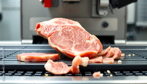 Close up pork or meat sliced on conveyor of automatic and precision slicer machine for industrial food manufacture isolated with white highlights, png