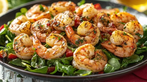 A plate of grilled shrimp with fresh spinach and red pepper.