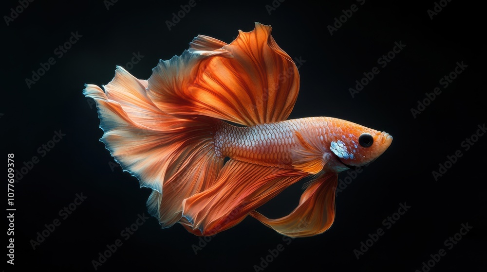 A vibrant orange betta fish with long, flowing fins, swims gracefully against a black background. A vibrant orange betta fish with long, flowing fins, swims gracefully against a black background.