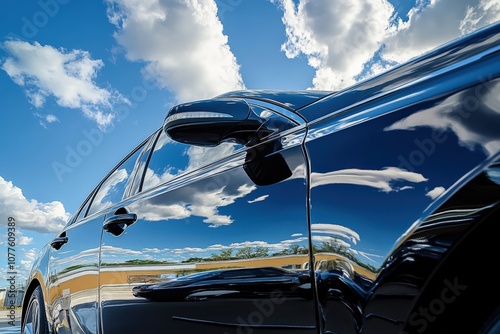 Freshly washed and polished car reflecting clear blue skies