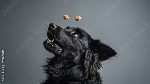 A black dog with a playful expression looks up at two treats that are floating in the air.