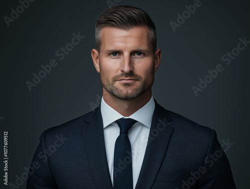 Professional headshot of a confident man in his 40s wearing business attire