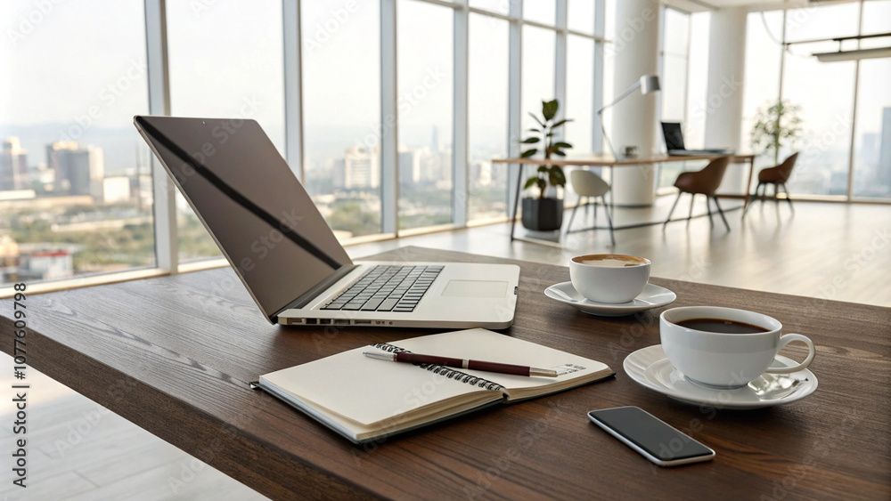 Fototapeta premium Modern workspace with a laptop, coffee, and notebook on a clean desk