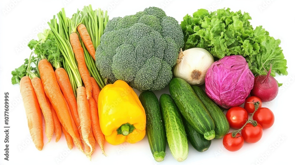 A colorful array of fresh vegetables including carrots, broccoli, cucumbers, bell peppers, lettuce, and tomatoes. A colorful array of fresh vegetables including carrots, broccoli, cucumbers, bell peppers, lettuce, and tomatoes.
