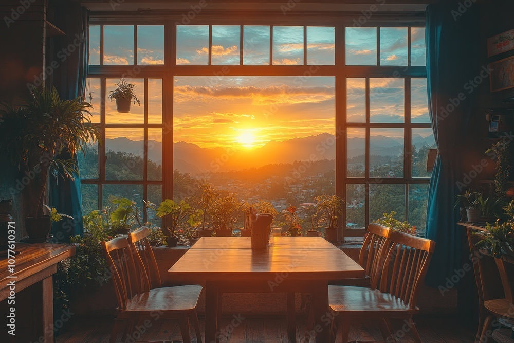 Obraz premium A wooden table with four chairs sits in front of a large window overlooking a stunning sunset over a mountain range.