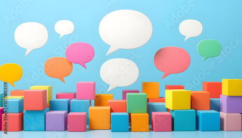 Speech bubbles and colorful cubes. Inclusive language concept isolated with white highlights, png photo