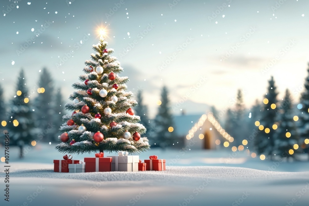 Obraz premium A Christmas tree with red and white ornaments sits in a snowy field