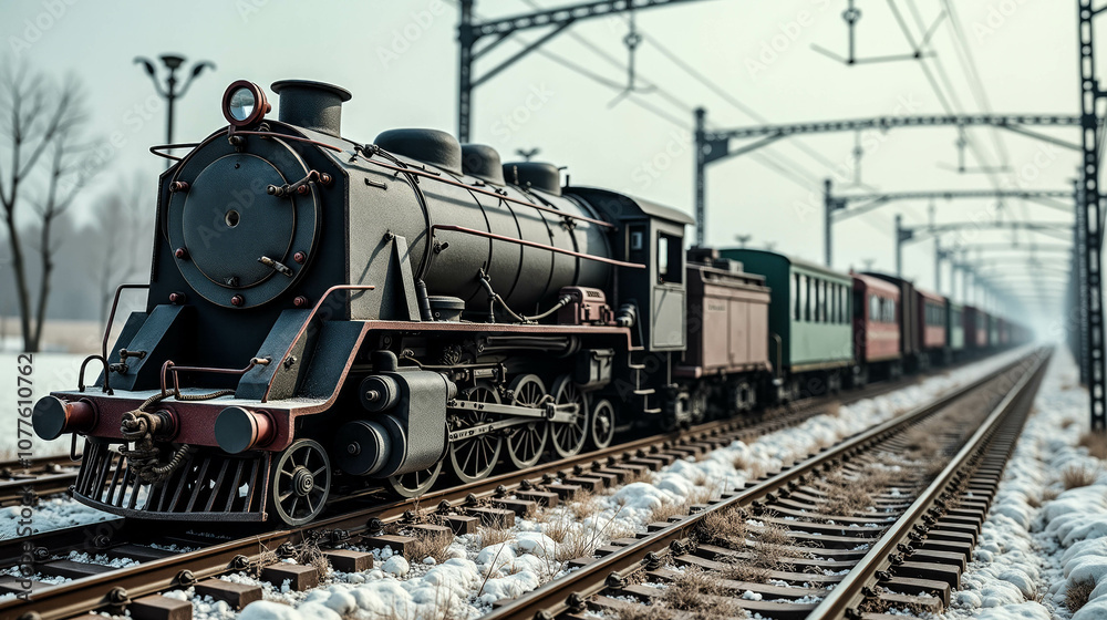 A steam locomotive travels through a snowy landscape on a railway line during winter, creating a nostalgic atmosphere A steam locomotive travels through a snowy landscape on a railway line during winter, creating a nostalgic atmosphere