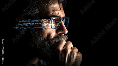 Man with glasses looking at code, hacker, programmer, coding, cyber security, technology