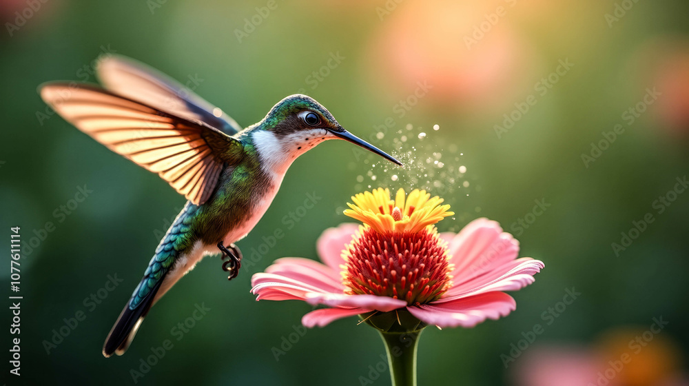 Naklejka premium A vibrant hummingbird hovering near a blooming pink flower in a lush garden during the golden hour of sunset
