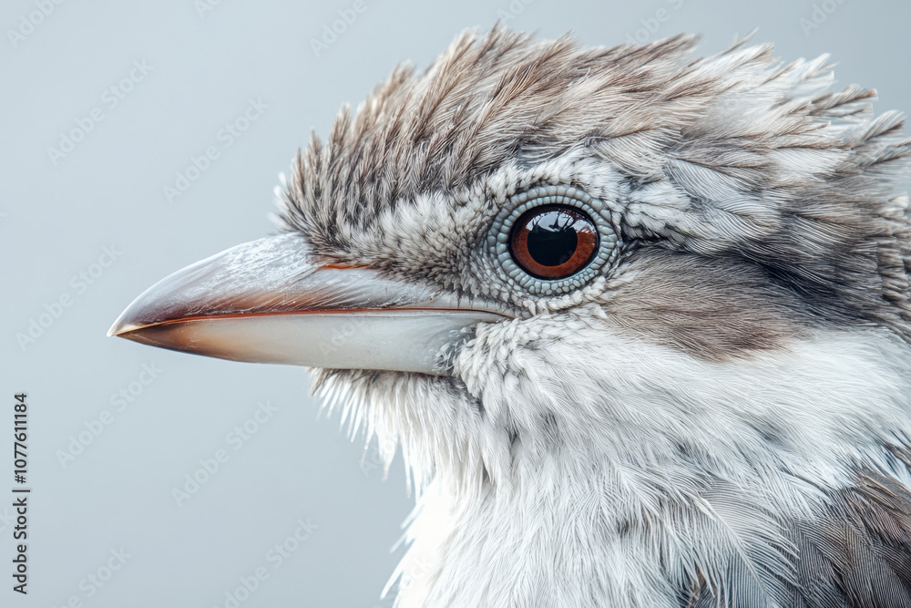 Fototapeta premium Close-up of a bird with intricate feathers and expressive eyes on a gray background, highlighting its detailed plumage and striking profile.
