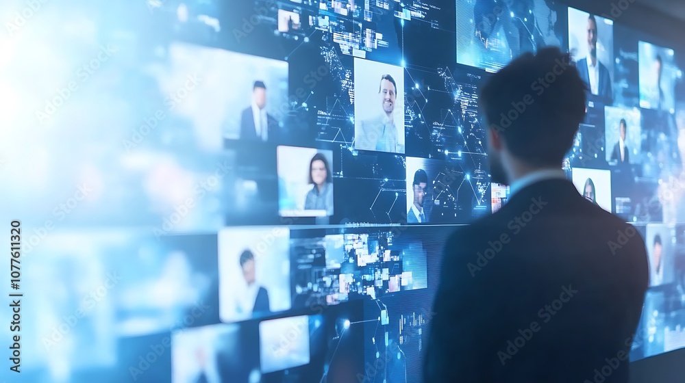 Virtual Business Conference group of international business leaders participating in a virtual meeting on advanced business analytics displayed on a white minimalistic background Virtual Business Conference group of international business leaders participating in a virtual meeting on advanced business analytics displayed on a white minimalistic background