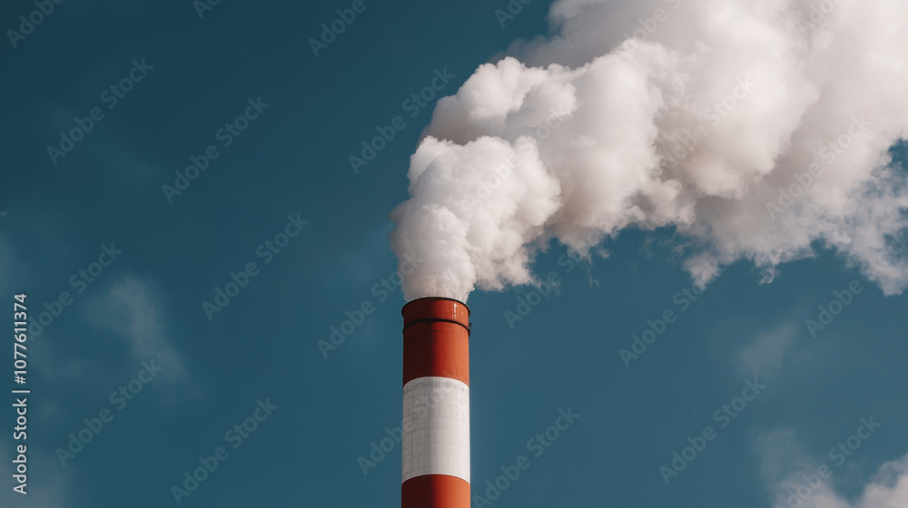 Industrial chimney emitting smoke against clear blue sky, showcasing environmental impact and air pollution concerns