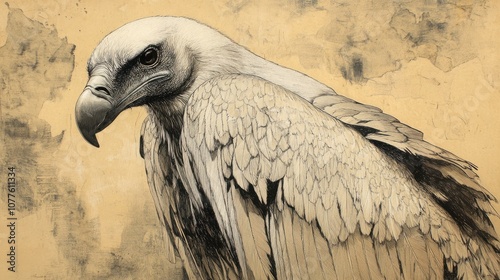 A detailed drawing of a vulture with its wings spread, showcasing the intricate detail of its feathers. photo