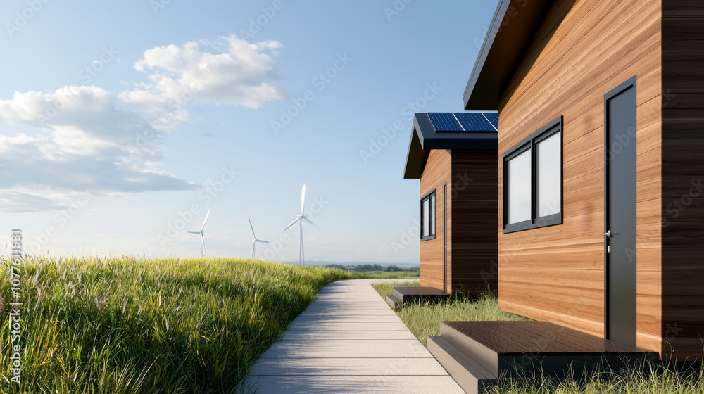 Eco friendly houses with solar panels and wind turbines in green field Eco friendly houses with solar panels and wind turbines in green field