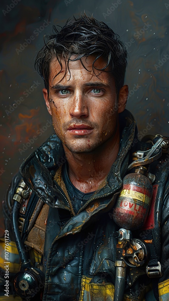 Fototapeta premium Portrait of a Firefighter: Courage and Determination in the Face of Danger