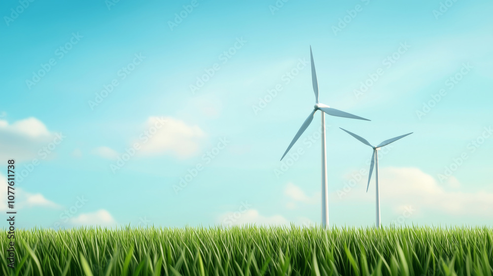 Fototapeta premium Green grass landscape with wind turbines under clear blue sky, symbolizing renewable energy and sustainability. scene evokes sense of tranquility and environmental awareness