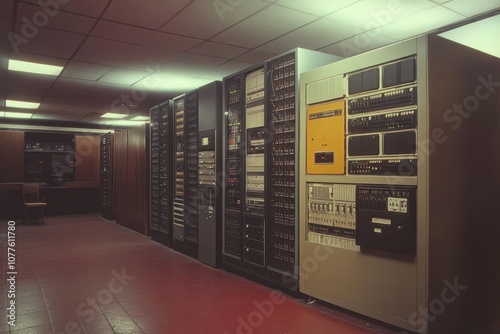A vintage server room with rows of large metal cabinets filled with electronic equipment.