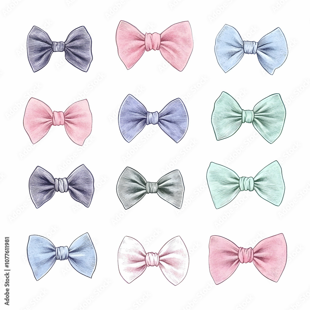 Set of 12 Hand Drawn Bow Tie Illustrations, bowties, ribbon, knot, drawing, sketch Set of 12 Hand Drawn Bow Tie Illustrations, bowties, ribbon, knot, drawing, sketch