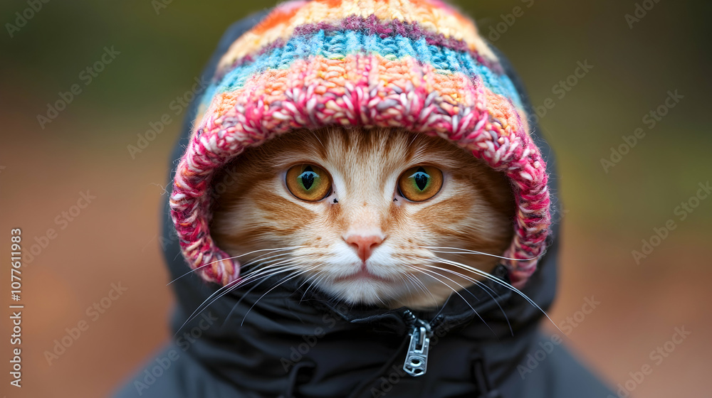 Cute cat wearing a colorful knitted hat, kitten, feline, pet, animal, domestic animal Cute cat wearing a colorful knitted hat, kitten, feline, pet, animal, domestic animal