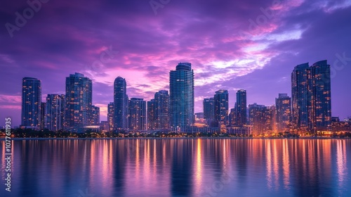 City skyline with skyscrapers reflected in the water during a vibrant sunset.