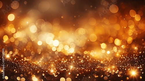 golden particles and bokeh lights for holiday celebration like Christmas or New Year. shiny lights and glittering background for ads, gift wrap, and web design.