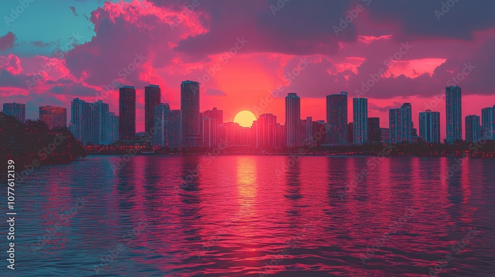 Obraz premium City skyline with a vibrant sunset over the water.