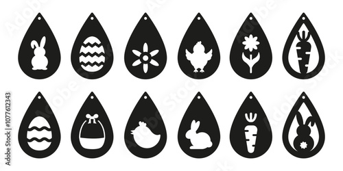 Set of  Easter teardrop designs for earrings, pendant or keychain. Jewelry cutting template. Laser cut with leather, wood or metal. Beautiful hanging bijouterie vector stencils